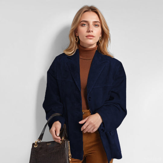 Damen nan Oversize Wildlederblazer mit Reverskragen und aufgesetzten Taschen EB