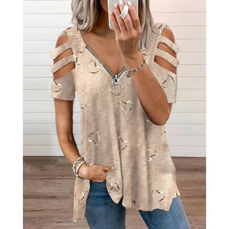 Damen V-Ausschnitt T-Shirt mit Cut-Outs und Herzdesign EB