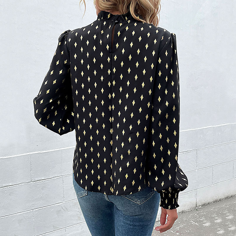 Damen Bluse mit luxuriösem Musterdruck und elegantem Stehkragen EB