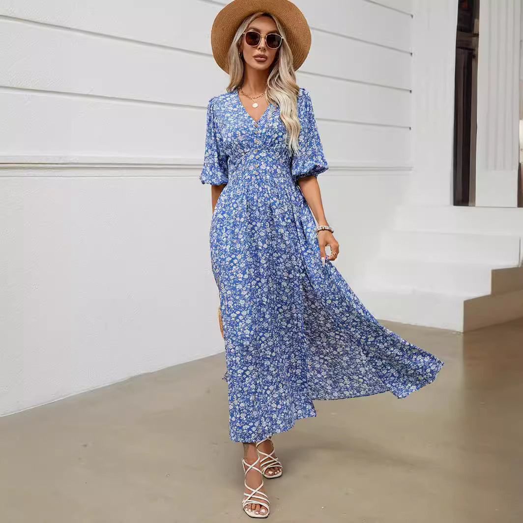 Damen Maxikleid mit floralen Mustern und seitlichem Schlitz EB