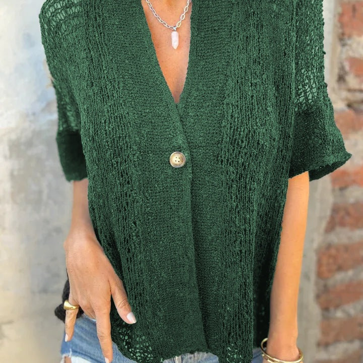 Damen Strickbluse mit modernen Lochmustern und eleganter Knopffront EB