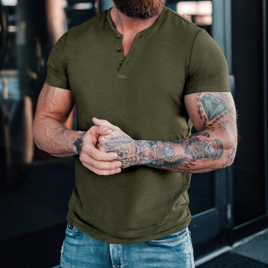 Herren Kurzarm-Henley-T-Shirt aus atmungsaktiver Baumwolle mit dekorativer Knopfleiste EB