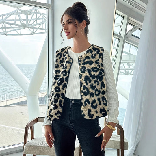 Damen Modische Plüschweste mit Leopardmuster EB