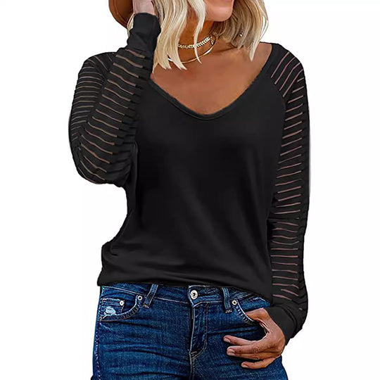 Damen Langärmliges V-Ausschnitt Shirt mit gestreiften Ärmeln EB