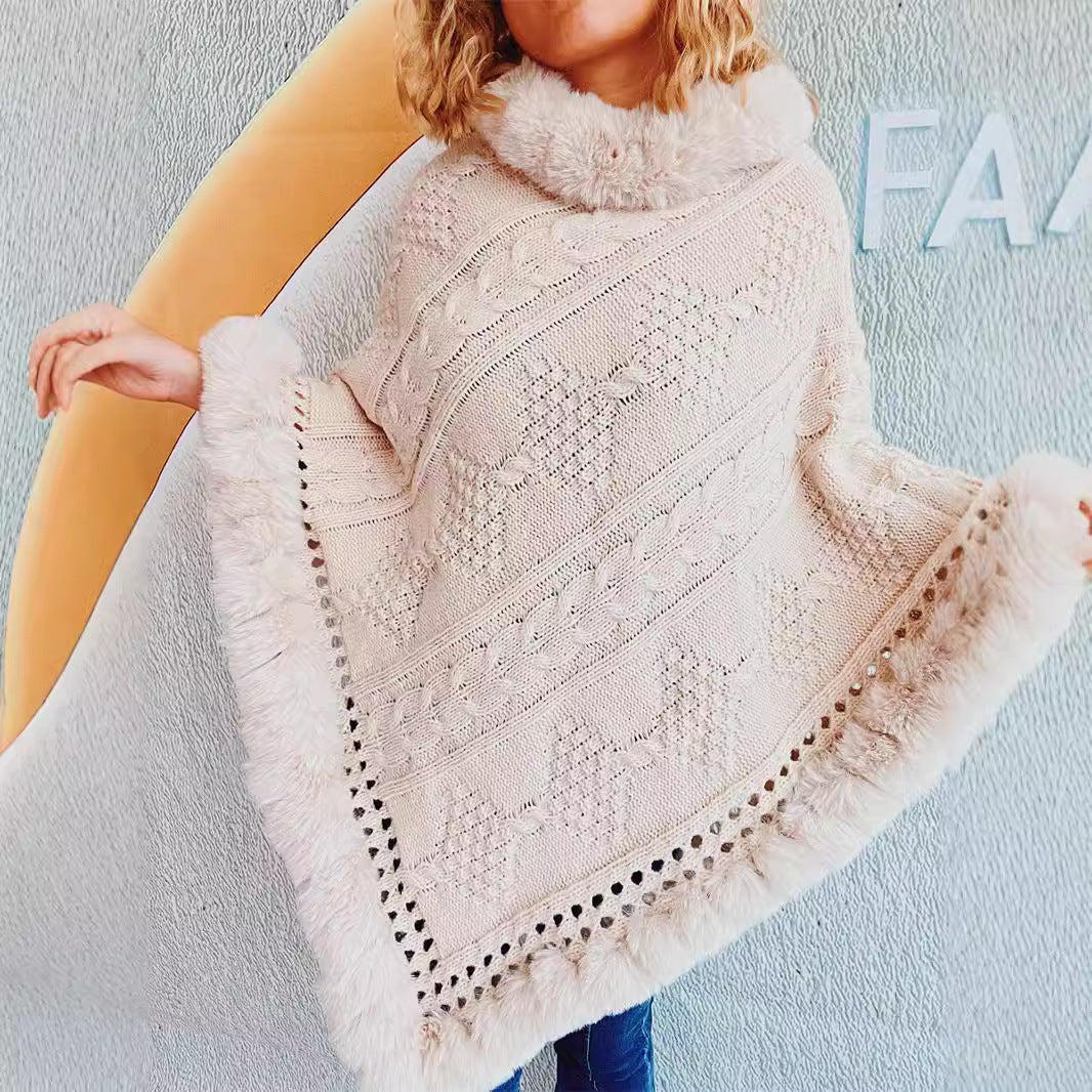 Damen Strickponcho mit dekorativem Kragen und gefüttertem Saum EB