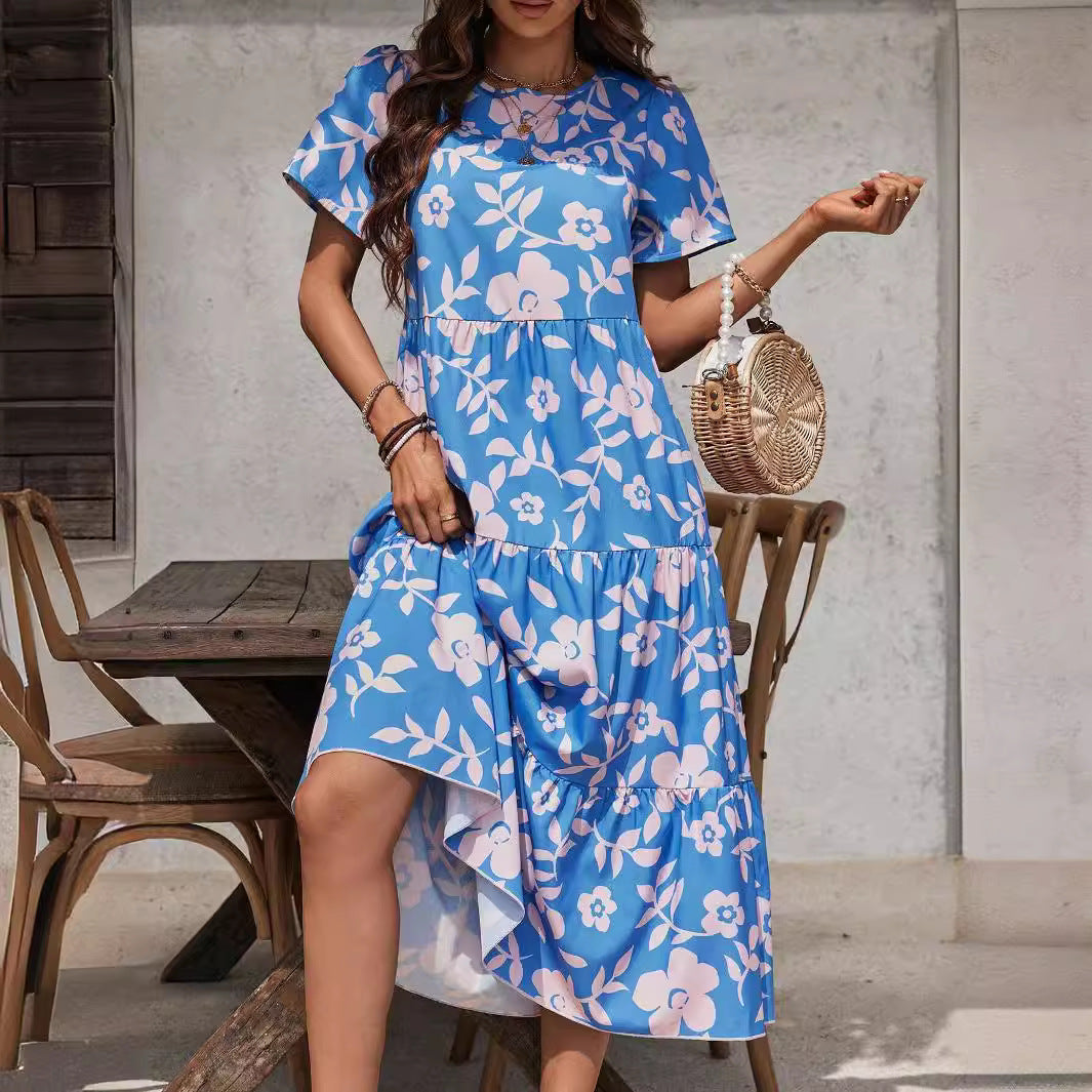 Damen nan luftiges Stufenmidikleid mit hoher Taillennaht, kurzem Ärmel und durchgehendem Blumenmuster EB