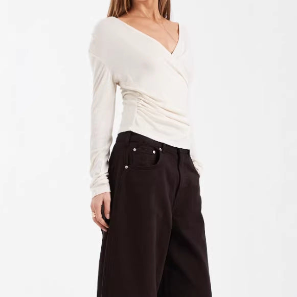 Damen Figurbetontes Wickelshirt mit V-Ausschnitt und Raffung EB