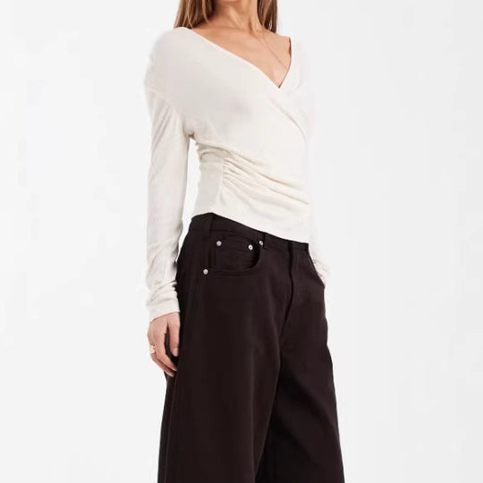 Damen Figurbetontes Wickelshirt mit V-Ausschnitt und Raffung EB