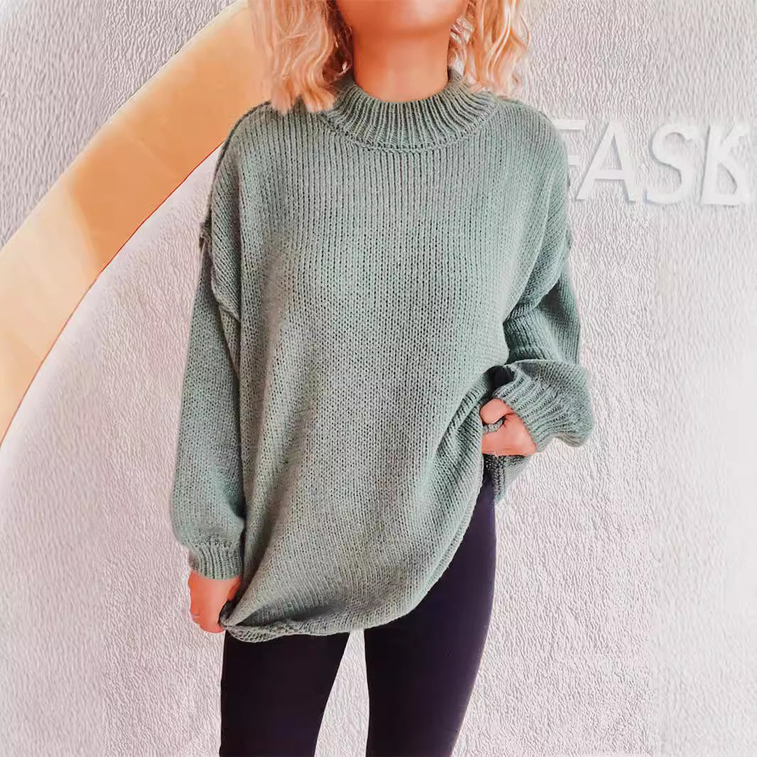 Damen lässiger Grobstrickpullover mit hohem Kragen und weitem Schnitt EB