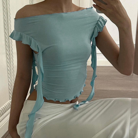 Damen Off-Shoulder Oberteil mit Rüschendetails und figurbetonter Passform EB