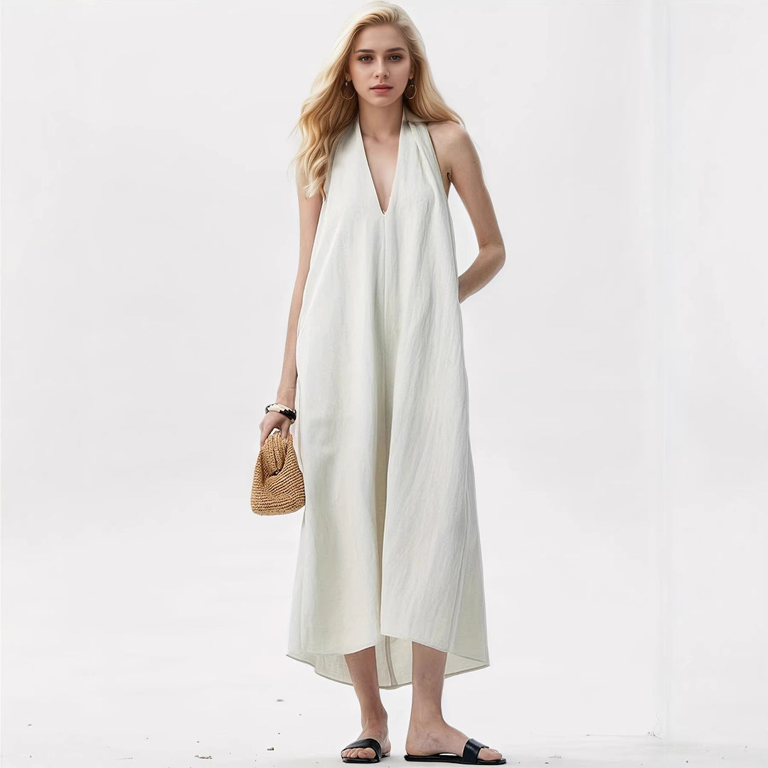 Damen Elegantes Maxikleid mit tiefem V-Ausschnitt und fließendem Stoff EB