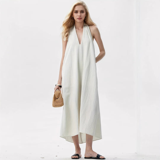 Damen Elegantes Maxikleid mit tiefem V-Ausschnitt und fließendem Stoff EB