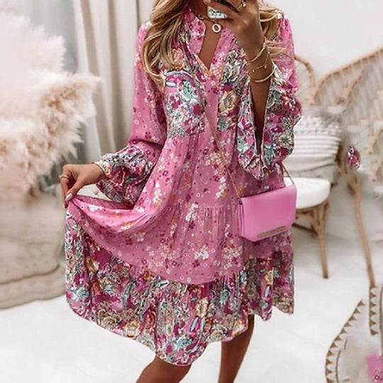 Damen nan kurzes Stufenkleid im Boho-Print mit V-Ausschnitt, geraffter Brustpasse und Balloonärmeln EB