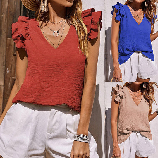 Damen V-Ausschnitt Bluse mit Rüschendetails und lockerer Passform EB