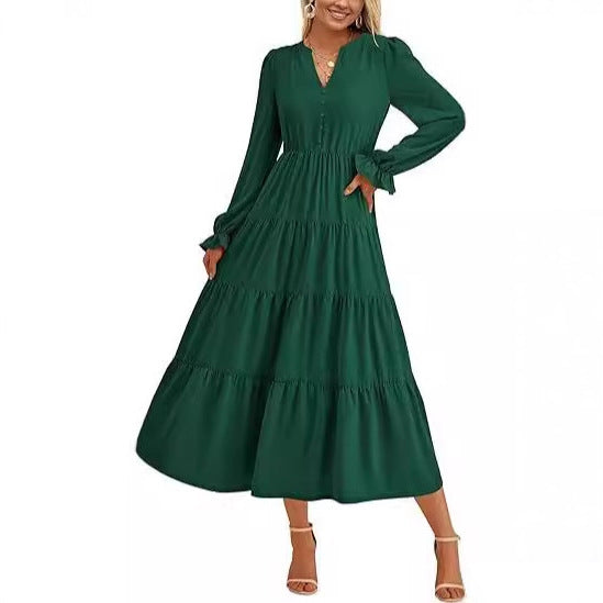 Damen Maxikleid mit knopfverzierter Front und voluminösen Ärmeln EB
