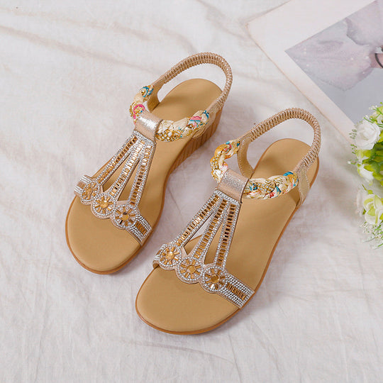 Damen modische Sandalen mit funkelnden Strassdetails und dekorativem Blütenmuster EB