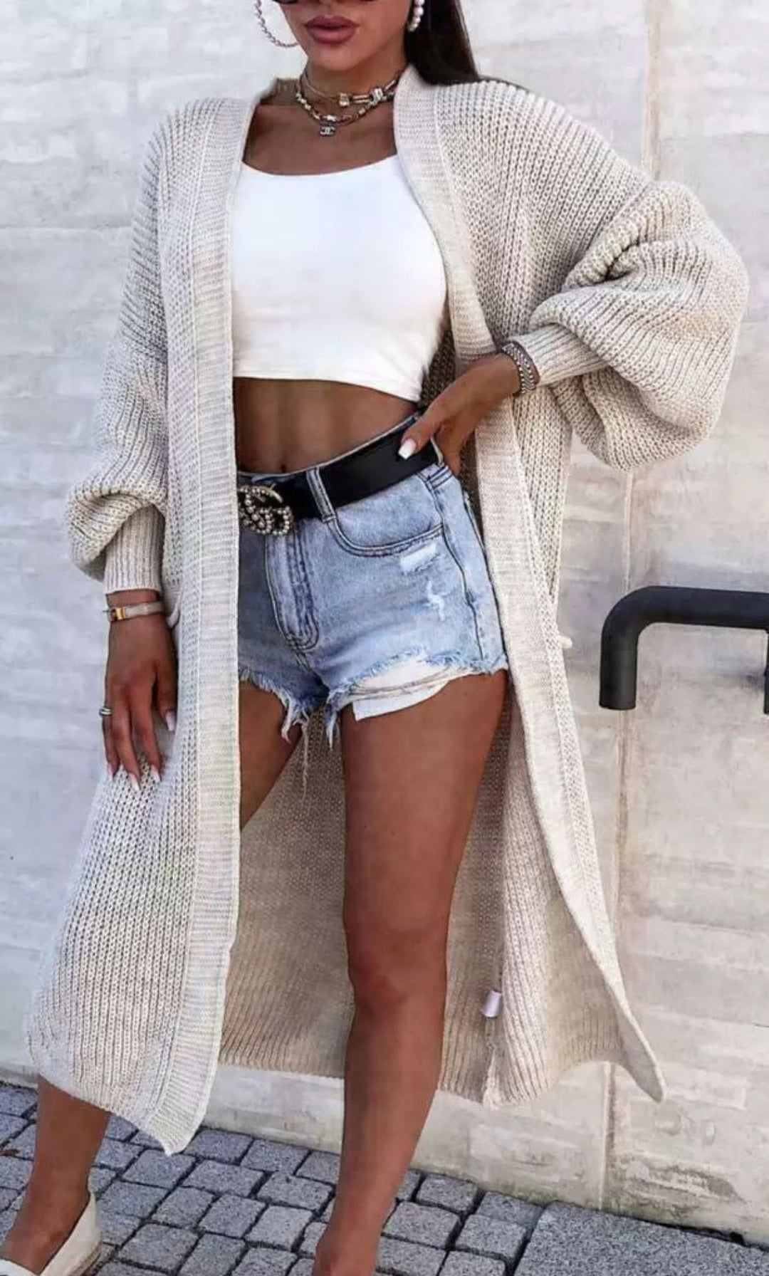 Damen Langer Strickcardigan mit weiten Ärmeln und praktischen Taschen EB