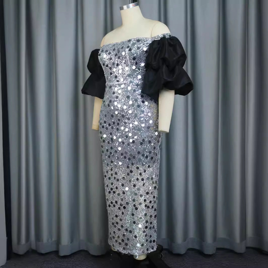 Damen Glitzerndes Abendkleid mit voluminösen Puffärmeln EB