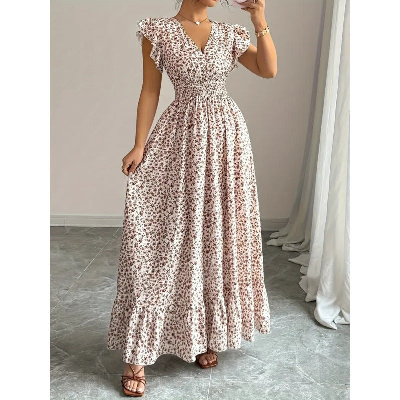 Damen Maxikleid mit floralem Rüschendesign und elastischem Taillenteil EB