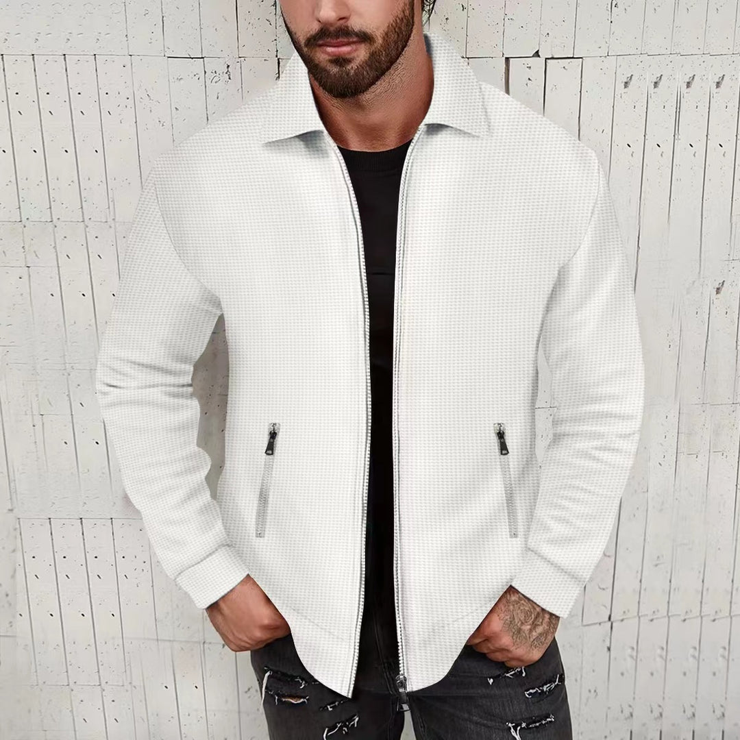 Herren nan minimalistische Stehkragen-Feinstrick-Übergangsjacke mit Zwei-Wege-Reißverschluss und verdeckten Reißverschlusstaschen EB