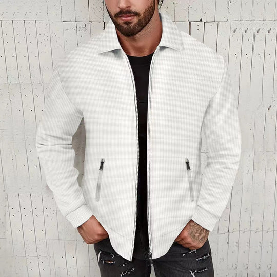 Herren nan minimalistische Stehkragen-Feinstrick-Übergangsjacke mit Zwei-Wege-Reißverschluss und verdeckten Reißverschlusstaschen EB