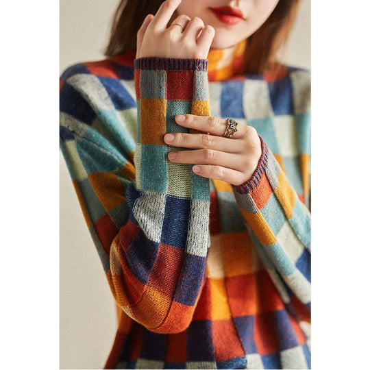 Damen Strickpullover mit modernem Karomuster und hohem Kragen EB