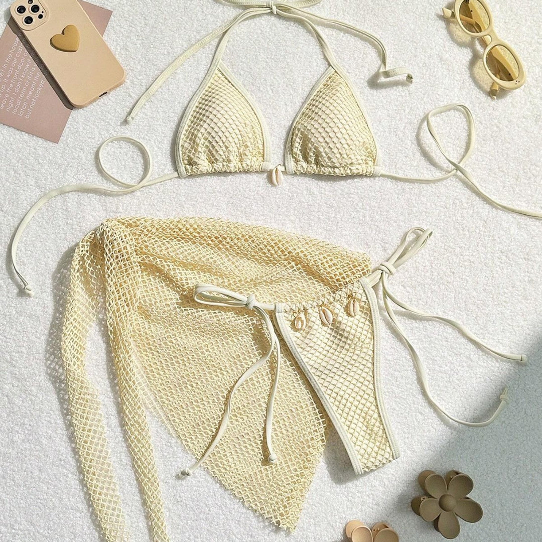 Damen Triangel-Bikini mit transparentem Netzgewebe und Schnürdetails EB