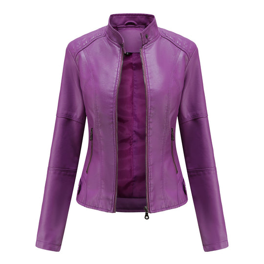 Damen nan taillierte Kunstlederjacke mit Stehkragen und durchgehendem Reißverschluss EB