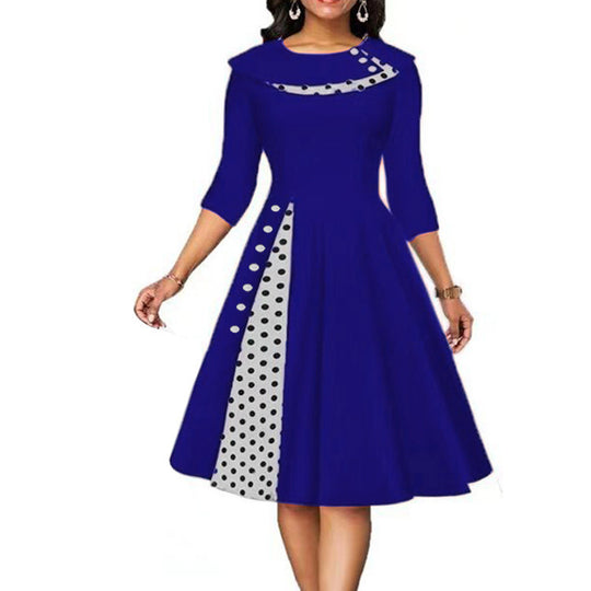 Damen Elegantes Midi-Kleid mit Punkten und seitlicher Kontrastdetail EB