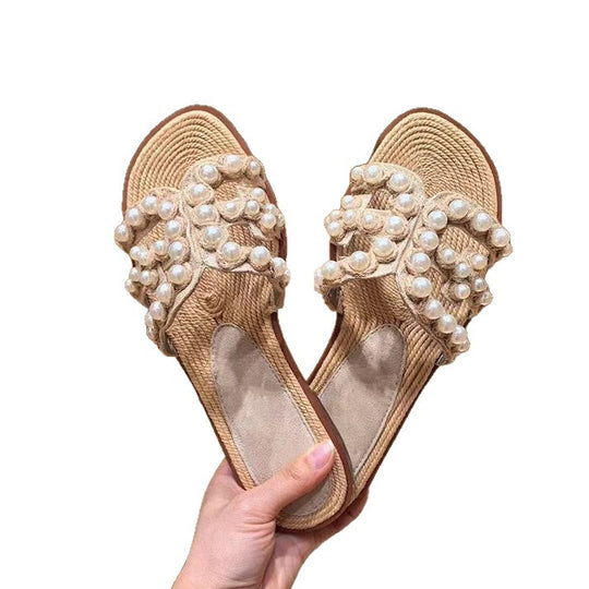 Damen modische Sandalen mit perlverzierten Riemen EB
