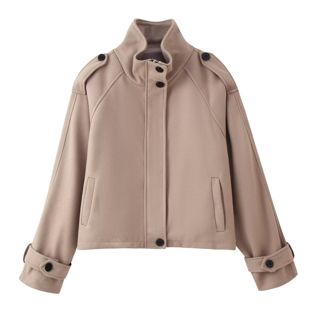 Damen nan kurze Wolljacke mit Stehkragen, Schulterklappen, verdeckter Knopfleiste und verstellbaren Manschetten EB