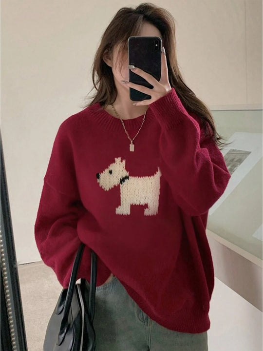 Damen Strickpullover mit süßem Dog-Motiv und bequemer Passform EB