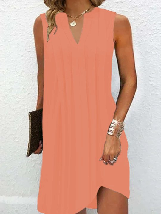 Damen elegantes, ärmelloses Kleid mit V-Ausschnitt und asymmetrischem Saum EB