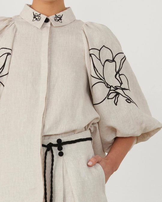 Damen Weit geschnittene Leinenhose mit floralen Stickereien EB