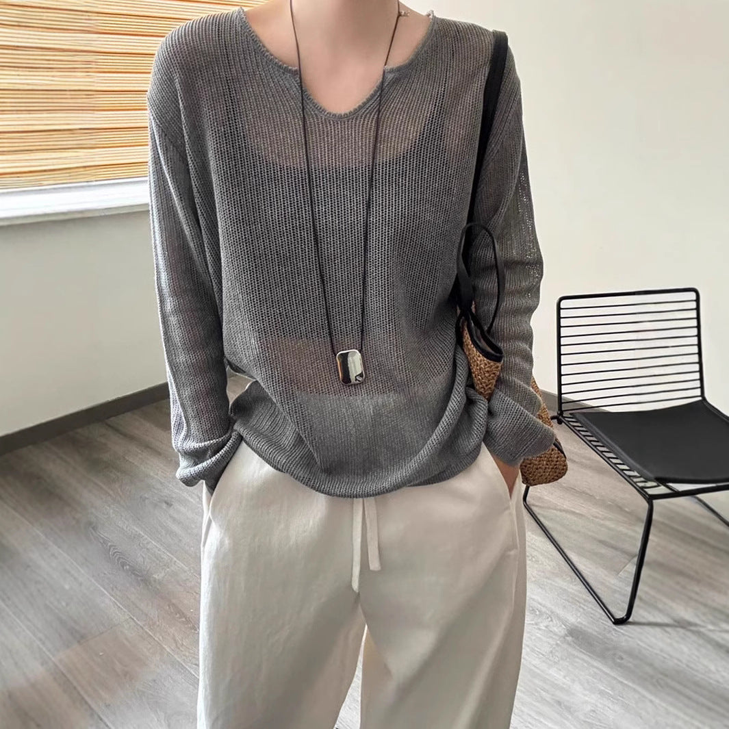 Damen luftiger Strickpullover mit V-Ausschnitt und lässigem Schnitt EB