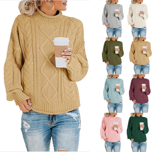 Damen Grobstrickpullover mit hohem Kragen und Bündchen EB