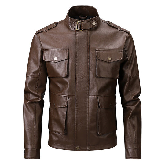 Herren Militärjacke aus Kunstleder mit praktischen Taschen und hohem Kragen EB