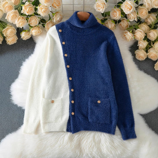 Damen Schicker Pullover mit hohem Kragen und eleganten Knöpfen EB