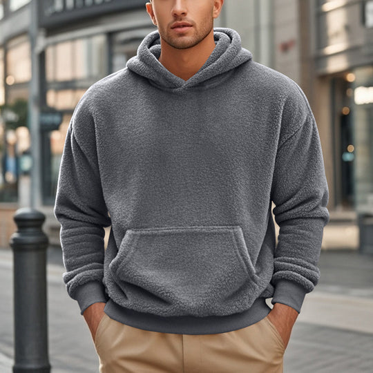 Herren nan kuscheliger Sherpa-Fleece Kapuzenpullover mit Kängurutasche und elastischen Bündchen EB