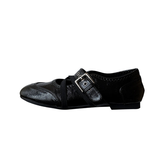 Damen Elegante Ballerinas mit doppeltem Riemen und hochwertiger Lederoberfläche EB