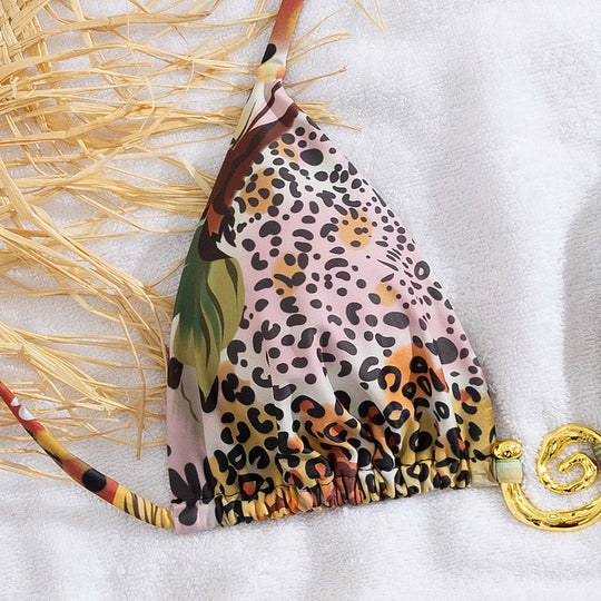 Damen Triangel-Bikini mit eleganten Gold-Details und farbenfrohem Blumendruck EB
