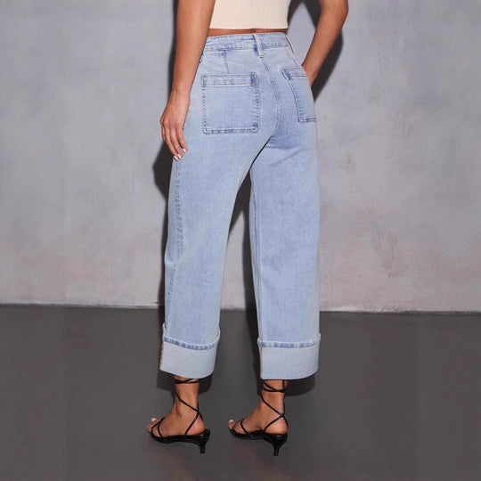 Damen nan Highwaist-Culotte-Jeans mit weitem Bein, aufgesetzten Fronttaschen und markantem Umschlagbund EB