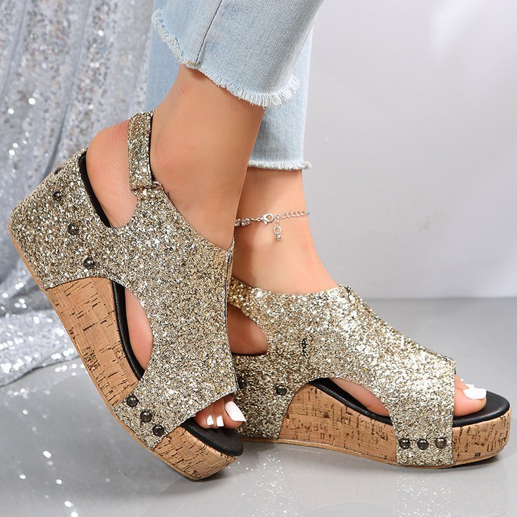 Damen Funkelnde Sandaletten mit modischem Kork-Design EB
