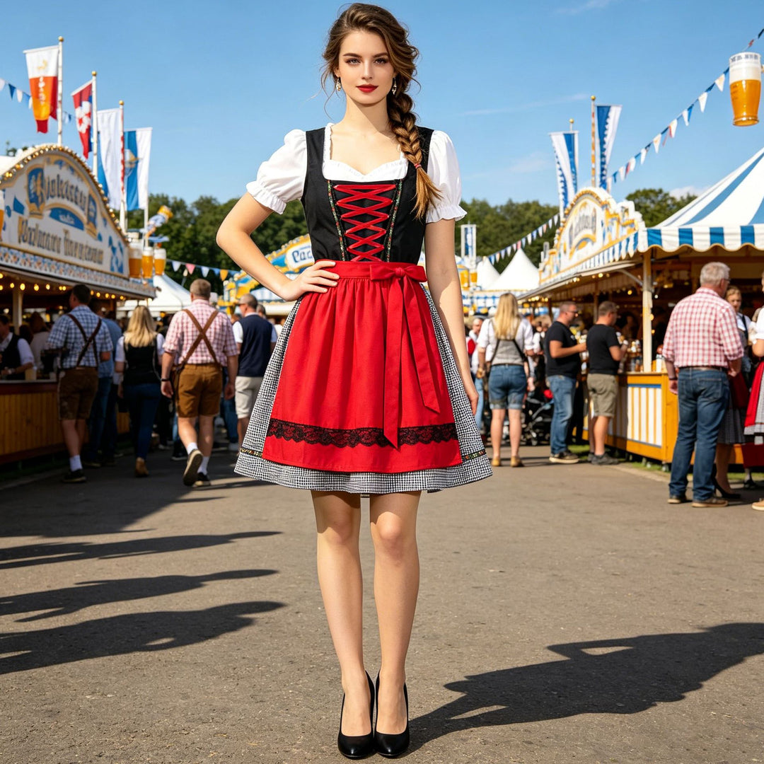Damen nan kurzes traditionelles Dirndlkleid mit geschnürtem Mieder, Puffärmel-Bluse und aufgesetzter Schürze EB