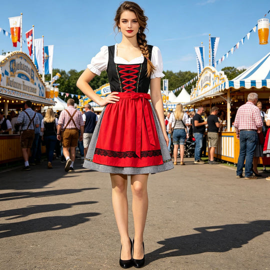 Damen nan kurzes traditionelles Dirndlkleid mit geschnürtem Mieder, Puffärmel-Bluse und aufgesetzter Schürze EB