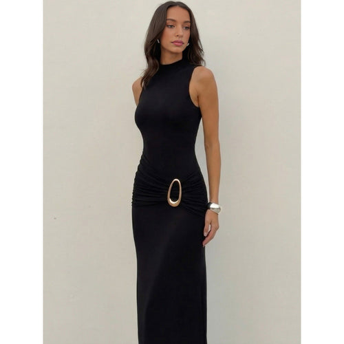 Damen Elegantes Maxikleid mit figurbetonendem Schnitt und dekorativem Taillengürtel EB