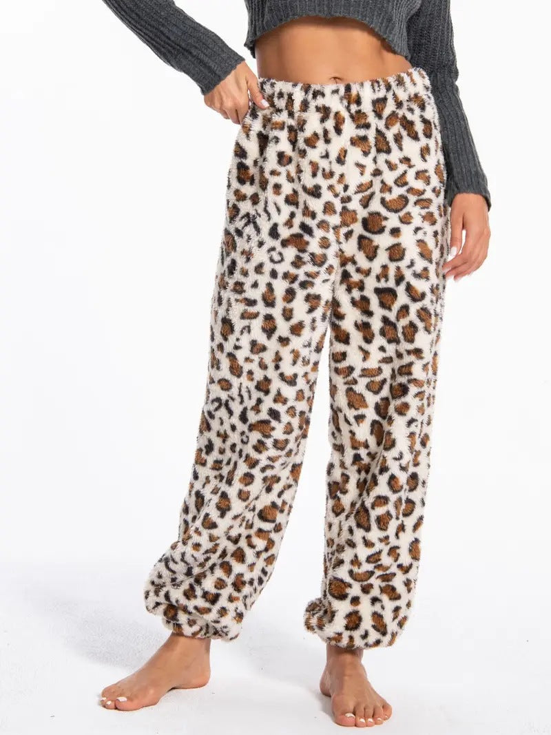 Damen kuschelige Fleece-Hose mit Leopardenmuster EB