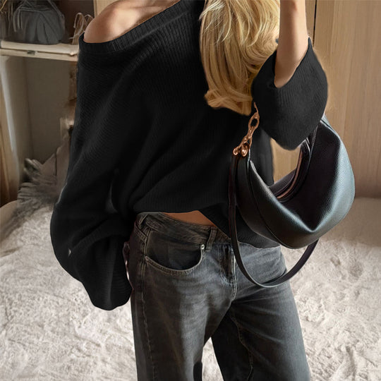 Damen nan Oversize Off-Shoulder Feinstrickpullover mit Fledermausärmeln EB