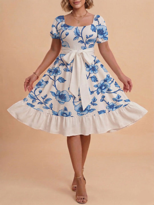Damen Retro Maxikleid mit Puffärmeln und Taillengürtel EB