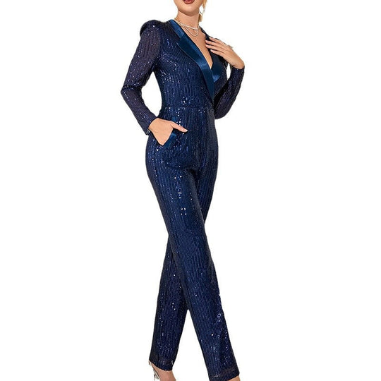 Damen Funkelnder Jumpsuit mit Figurschmeichelndem Schnitt und Elegantem V-Ausschnitt EB